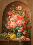 Josef Neugebauer, A still life of roses and fruit in a niche, oil on board