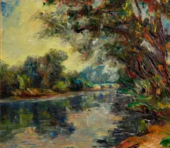 John A. Dominique, Late afternoon on the Stanislaus, 1952, oil on canvas affixed to board
