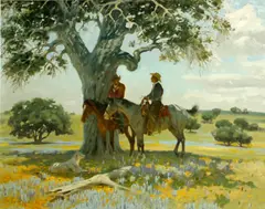 Jack N. Swanson, Two cowboys under a tree, 1966, oil on masonite