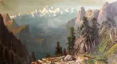 J. Walcom, An expansive mountain landscape with a view of a canyon, oil on canvas