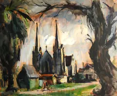 Dan Lutz, Twin steeples of St. Agnus, ink, gouache and watercolor on paper