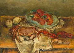 Isaac Païles, Still life with lemons, chilli peppers and crustaceans, oil on canvas