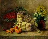 Eugène Claude, A still life with asparagus, cherries, peaches and flowers, oil on canvas