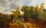 Ra George Vicat Cole, A landscape with figures on a track, oil on canvas