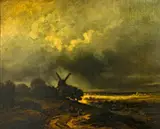 Georges Michel, A landscape with a windmill and figures on a track in the foreground, oil on canvas