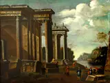 An architectural capriccio with figures and a river beyond by Giovanni Paolo Panini, oil on canvas, offered Jan 2014