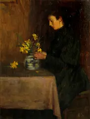 Ernest Higgins Rigg, A woman arranging flowers, oil on panel