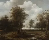 Jacob van Ruysdael, A wooded landscape with figures resting near a track, oil on canvas