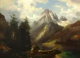 Josef Thoma, An Alpine landscape with a hunter in the foreground, oil on canvas
