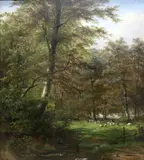 Cornelis Johannes de Vogel, A wooded landscape with sheep and cattle in a meadow, oil on canvas