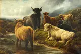 Robert Watson, A landscape with highland cattle by a stream, oil on canvas