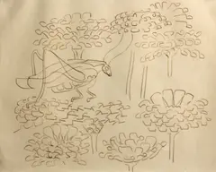 Walter Inglis Anderson, Zinnias and grasshopper, ink on paper