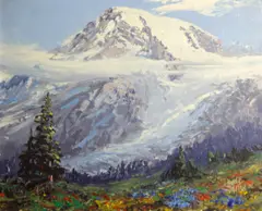 Lionel E. Salmon, Mount Rainer, misty morn, 1936, oil on canvas board