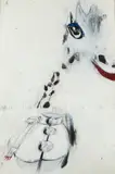 Colleen Kiely, WhatNots (Giraffe W/ Uniform), 1997, charcoal, acrylic, glitter, staple and mixed media collage on paper
