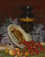 William Mason Brown, Still life with strawberries and lilacs, oil on canvas