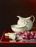 George Cope, Still Life with Berries, Sugar, and Cream Pitcher, oil on canvas tacked over board