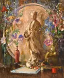 Edmund Charles Tarbell, Still life with flowers and Oriental statue, oil on canvas