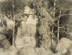 Island on the Delaware by Daniel Garber, circa 1940, charcoal on paper, offered May 2014