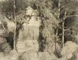 Daniel Garber, Island on the Delaware, circa 1940, charcoal on paper