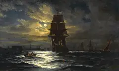 Frederick Rondel, Ships in New York Harbor at Night, oil on canvas