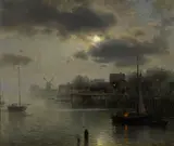 Moonlight in Holland by Hermann Herzog, oil on canvas laid down on board, sold May 2014