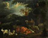 Dirck van der Bergen, A wooded landscape with a figure and cows, sheep and goats, oil on canvas