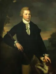 British School, A portrait of a young gentleman, three-quarter length, holding a gun, his dog by his side, in a landscape, oil on canvas