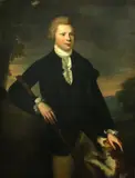 British School, A portrait of a young gentleman, three-quarter length, holding a gun, his dog by his side, in a landscape, oil on canvas