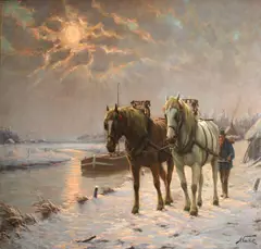 Albert Caullet, Winter landscape with horses, oil on canvas
