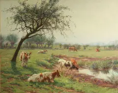 Albert Caullet, Cattle in a sunlit landscape, oil on canvas