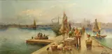 A busy harbour with fishermen unloading the day's catch by Continental School, oil on canvas, sold Sep 2013