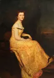 Gustave-Claude-Étienne Courtois, A portrait of a lady, full-length, seated, wearing an evening gown, oil on canvas