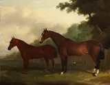 A bay mare and a chestnut pony in a landscape by English School, oil on canvas, sold Sep 2013