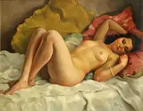 Edouard Ferré, A reclining nude, oil on canvas laid down on masonite
