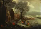 Flemish School, A winter landscape with figures, oil on panel