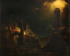 A burning village at night by German School, oil on panel, offered Sep 2013