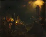 A burning village at night by German School, oil on panel, offered Sep 2013