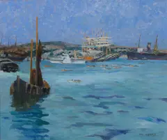 Alexandre Lunois, Shipping in a harbour, oil on canvas
