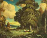 G. Luzatto, A wooded landscape with figures under a tree, oil on canvas
