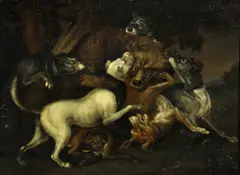 Wenzel Ignaz Brasch, Hounds attacking a bear, oil on cradled panel