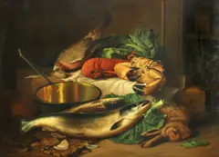 John Bucknell Russell, A still life with a lobster, a crab and game, oil on canvas