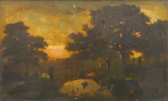 Cattle resting in a meadow at evening by Guillaume, oil on canvas laid down on board, sold Sep 2013