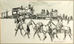 Gary Carter, Rider with pack horses beside a train, ink and wash on vellum