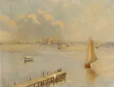Josephine Culbertson, Ships on the bay accompanied by an American School watercolor by another artist and a painted miniature of the Virgin (3), first oil on board; second watercolor on paper