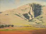 Sam Hyde Harris, California landscape with mountain; Landscape with log cabin (double-sided), oil on canvas affixed to board