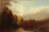 William Hart, Stream in a wooded landscape in autumn with mountains beyond, oil on canvas