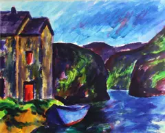 Dan Lutz, Boat along the shore, watercolor on paper