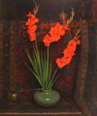 James McVicker, Red gladiolas and an oriental rug, 1994, oil on canvas