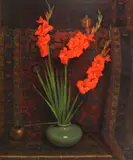James McVicker, Red gladiolas and an oriental rug, 1994, oil on canvas