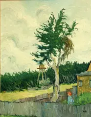 Olaf Palm, Figure in a backyard under a tree, oil on board